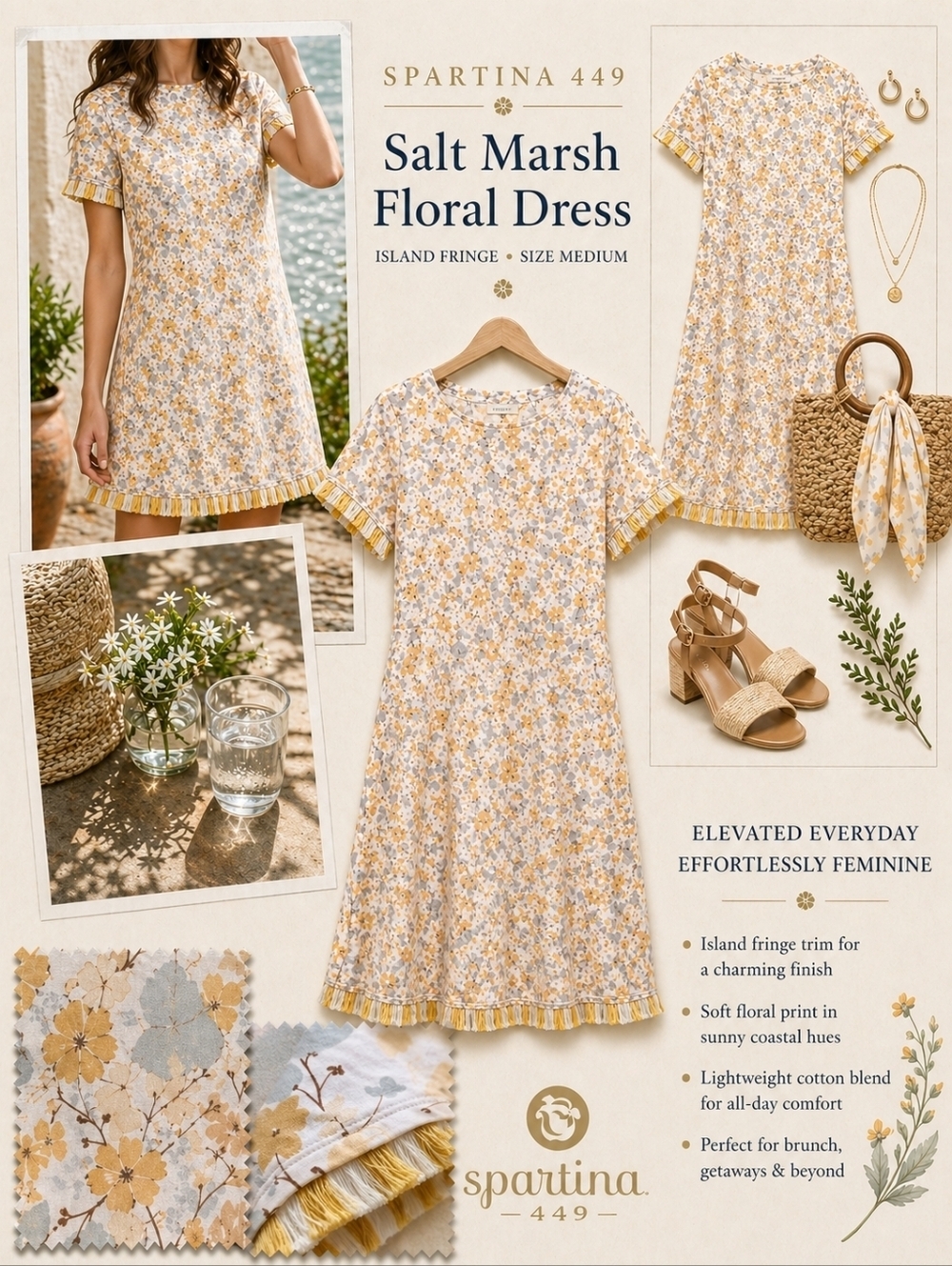 Sz Medium Spartina Island Fringe Salt Marsh Floral Dress Cotton Blend